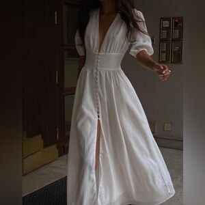 Elegant White Maxi Dress button front M CC13